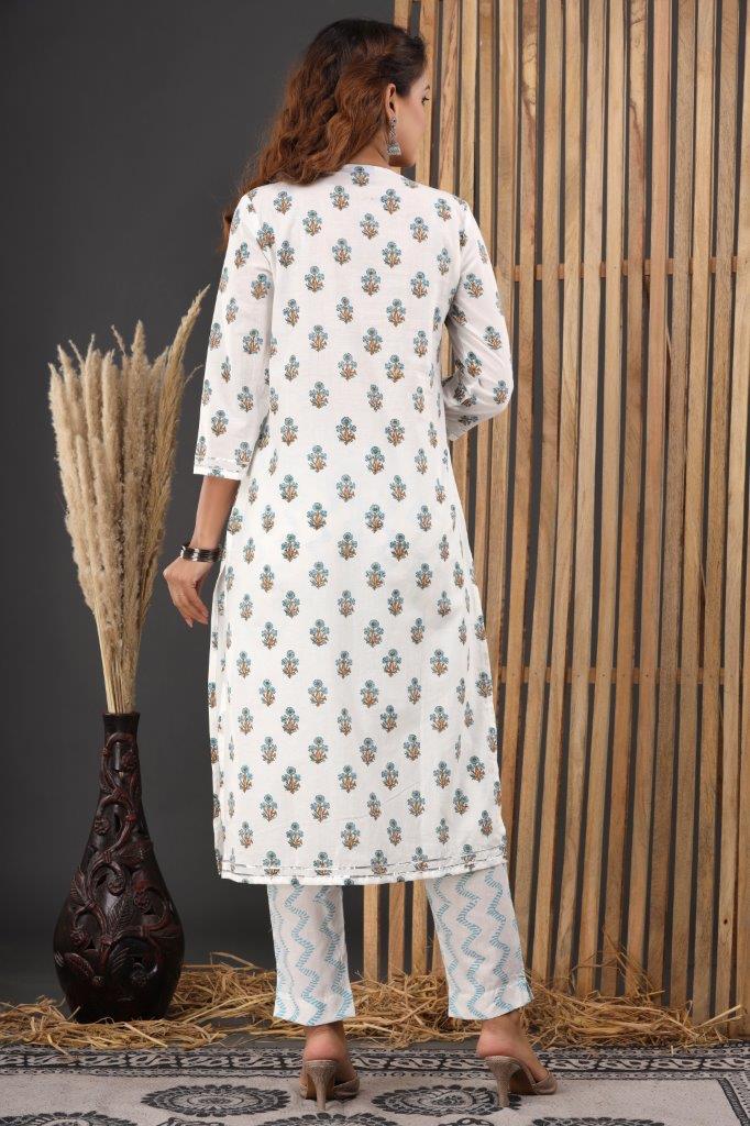 Pearl White Cotton Suit Set Hand Block Printed Cotton Suit with