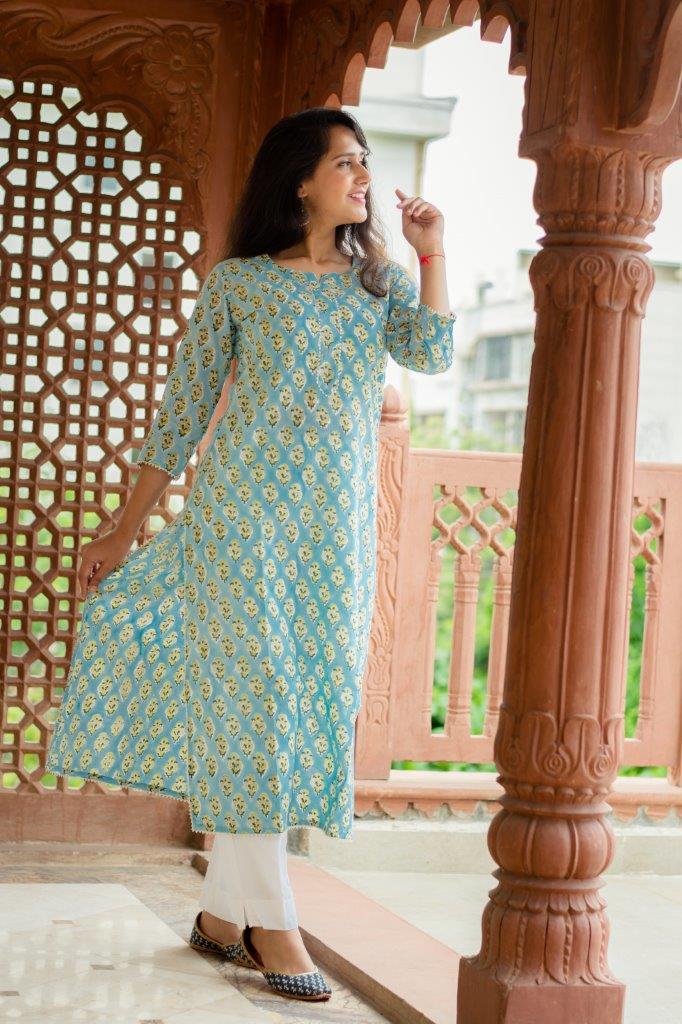 Shade Teal Love - Hand Block Printed Cotton Kurti – Preppy Apparels