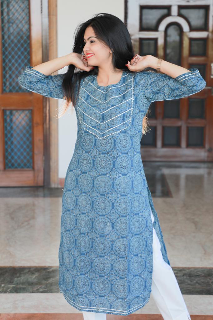 Blue Ajrak Prints Cotton Kurti Preppy Apparels Blue Ajrak Prints Cotton Kurti Preppy Apparels