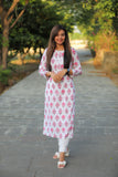 Adah White Pink Blocks Cotton Kurti