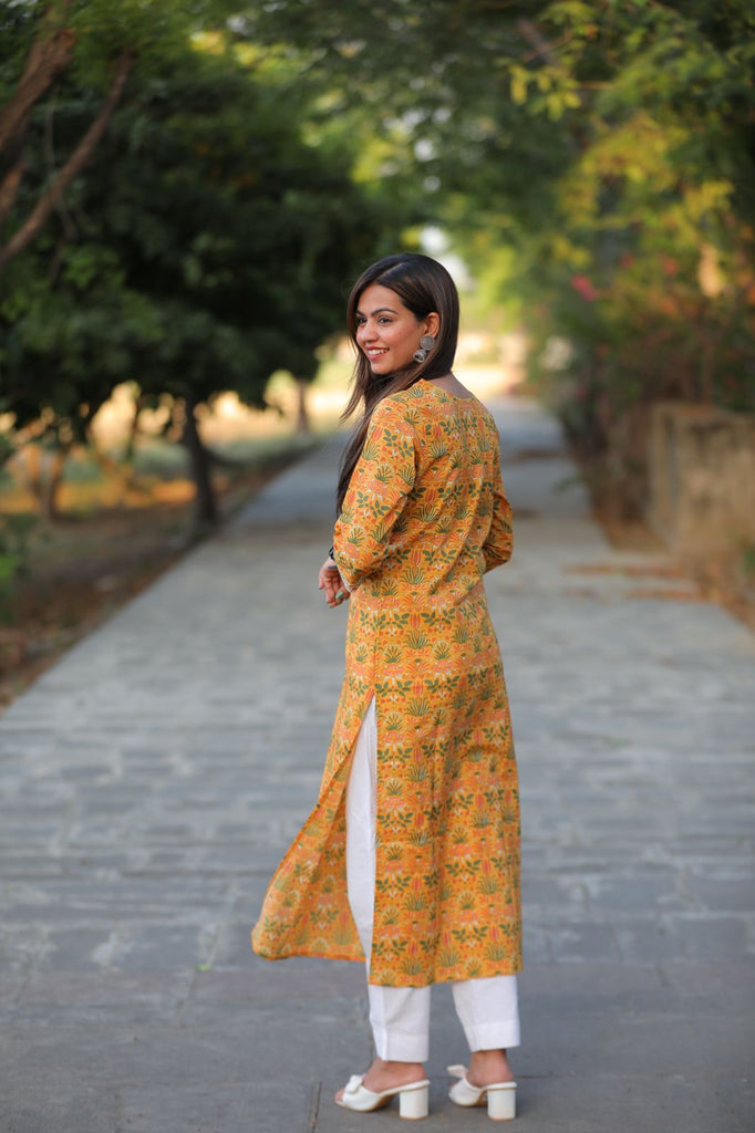 Ethnic Block Floral Prints Pure Cotton Short Tunic Top/Kurti For Jeans  Yellow | eBay