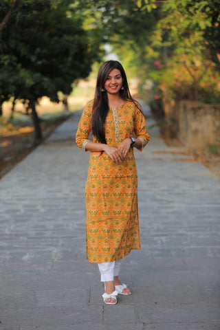 Adah  Yellow Cotton Kurti