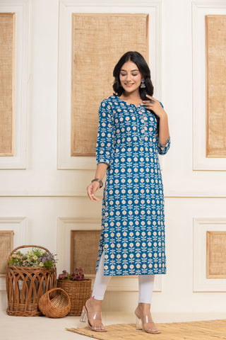 Rang  Blue Floral Cotton Kurti