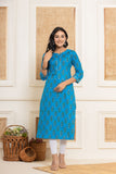 Rang  Azure Blue Floral Cotton Kurti