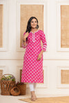 Rang  Rani Pink Floral white lace Cotton Kurti