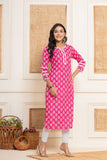 Rang  Rani Pink Floral white lace Cotton Kurti