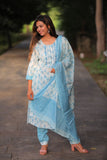 Adah  Blue White  Cotton Suit with  Cotton Dupatta