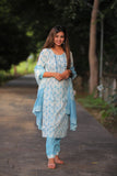 Adah  Blue White  Cotton Suit with  Cotton Dupatta