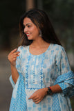 Adah  Blue White  Cotton Suit with  Cotton Dupatta