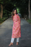 Adah Hot Pink Yellow Mix Cotton Kurti