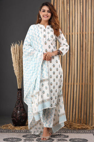 Pearl White  Cotton Suit Set - Hand Block Printed Cotton Suit with Cotton Dupatta