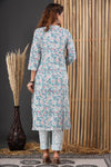 Blue Green Cotton Suit Set - Hand Block Printed Cotton Suit with Cotton Dupatta