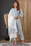 Blue Green Cotton Suit Set - Hand Block Printed Cotton Suit with Cotton Dupatta