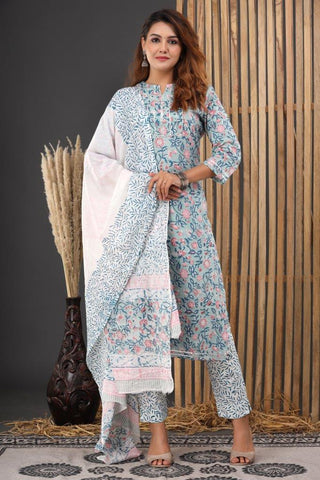 Blue Green Cotton Suit Set - Hand Block Printed Cotton Suit with Cotton Dupatta
