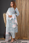 Blue Green Cotton Suit Set - Hand Block Printed Cotton Suit with Cotton Dupatta