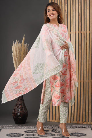 Baby Pink Cotton Suit Set Hand Block Printed Cotton Suit with Chiffo Preppy Apparels