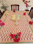 Gharonda Pink Flowers Cotton Handblock Printed 6 seater Dining table cover with 6 full printed Napkins