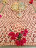 Gharonda Pink Flowers Cotton Handblock Printed 6 seater Dining table cover with 6 full printed Napkins