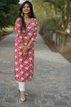 Udaan  Red White  Floral  Cotton Kurti