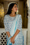 Blue on White - Hand Block Printed Cotton Suit with Chiffon Dupatta