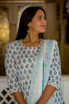 Blue on White - Hand Block Printed Cotton Suit with Chiffon Dupatta