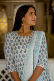 Blue on White - Hand Block Printed Cotton Suit with Chiffon Dupatta