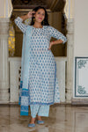 Blue on White - Hand Block Printed Cotton Suit with Chiffon Dupatta