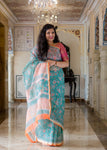 Kota Doria Saree -Teal and Lotus