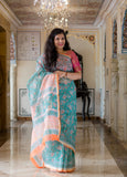 Kota Doria Saree -Teal and Lotus
