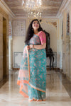 Kota Doria Saree -Teal and Lotus