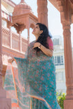 Kota Doria Saree -Teal and Lotus