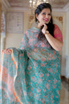 Kota Doria Saree -Teal and Lotus