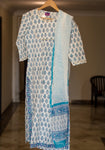 Blue on White - Hand Block Printed Cotton Suit with Chiffon Dupatta