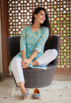 Shade Teal Love  - Hand Block Printed Cotton Kurti