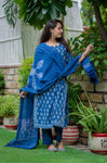 Indigo Cotton Suit Set - Hand Block Printed Cotton Suit with Cotton Dupatta