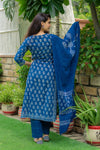 Indigo Cotton Suit Set - Hand Block Printed Cotton Suit with Cotton Dupatta