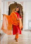 Maheshwari Silk Suit - Red and Orange