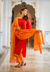 Maheshwari Silk Suit - Red and Orange