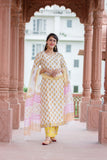 Marigold Suit Set - Hand Block Printed Cotton Suit with Kota Doria Dupatta