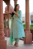 Pastel Sea Green - Hand Block Printed Cotton Suit with Cotton Dupatta