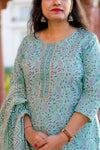 Pastel Sea Green - Hand Block Printed Cotton Suit with Cotton Dupatta