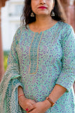 Pastel Sea Green - Hand Block Printed Cotton Suit with Cotton Dupatta