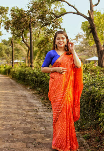 Orange Bhandhani Raw silk saree with blouse