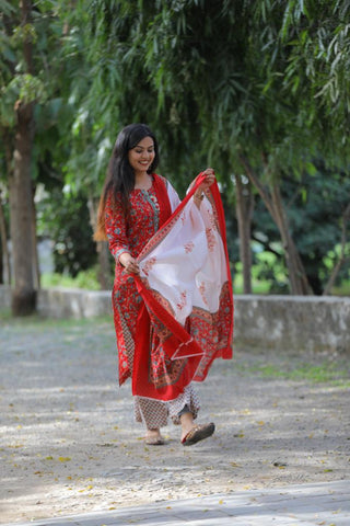 Red Floral  Cotton Suit with Cotton Dupatta