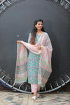 Pink in the Sea - Hand Block Printed Cotton Suit with Kota Doria Dupatta