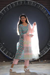 Pink in the Sea - Hand Block Printed Cotton Suit with Kota Doria Dupatta