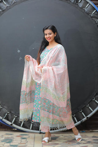 Pink in the Sea - Hand Block Printed Cotton Suit with Kota Doria Dupatta