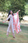 Peach and White Floral  Cotton Suit with Cotton Dupatta