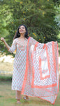 Peach and White Floral  Cotton Suit with Cotton Dupatta