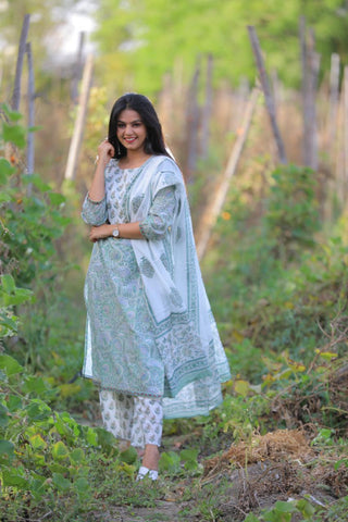 Pastel green and White Floral  Cotton Suit with Cotton Dupatta